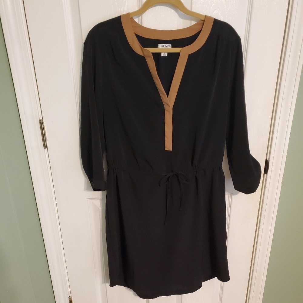 Black dress with drawstring waist.
